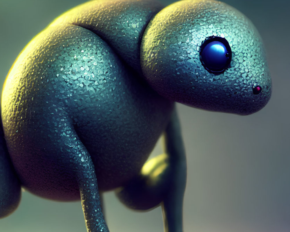 Blue frog digital illustration with shiny skin and bee companion