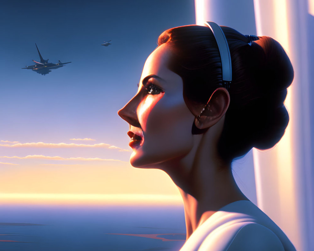 Futuristic woman looking at sunset sky with spacecraft