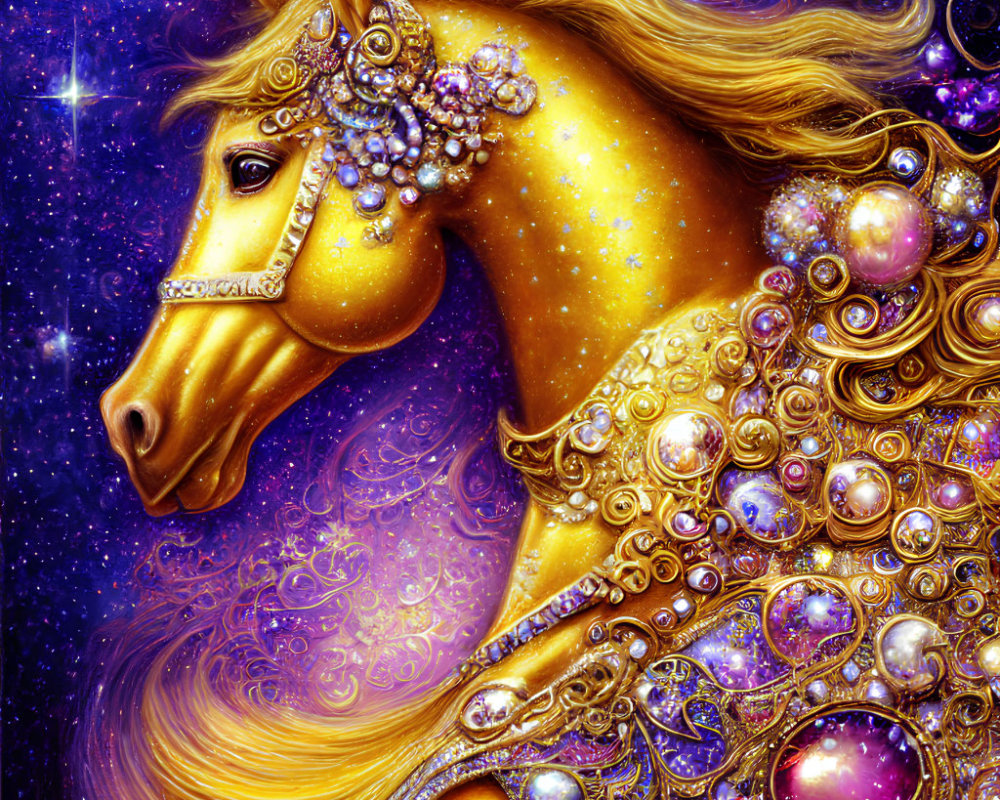 Golden horse with jewelry in cosmic purple background