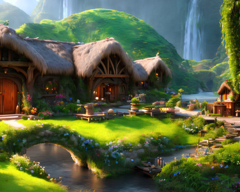 Tranquil fantasy village with thatched cottages, river, waterfalls, and mountains