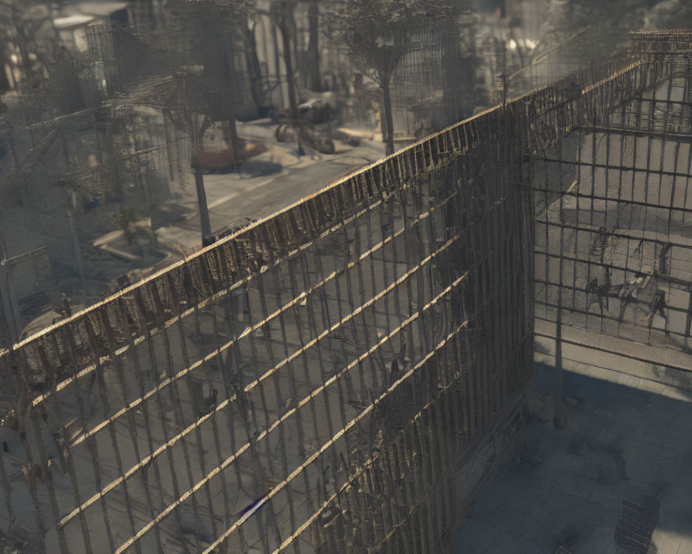 Shadow-cast pedestrian overpass with rusty chain-link fences and snow-dusted trees.