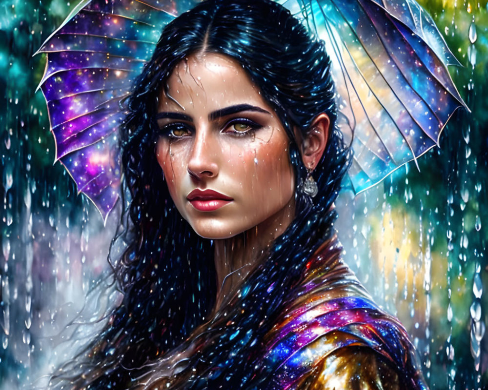 Dark-haired woman with colorful umbrella in rain, detailed water droplets, shimmering cloak