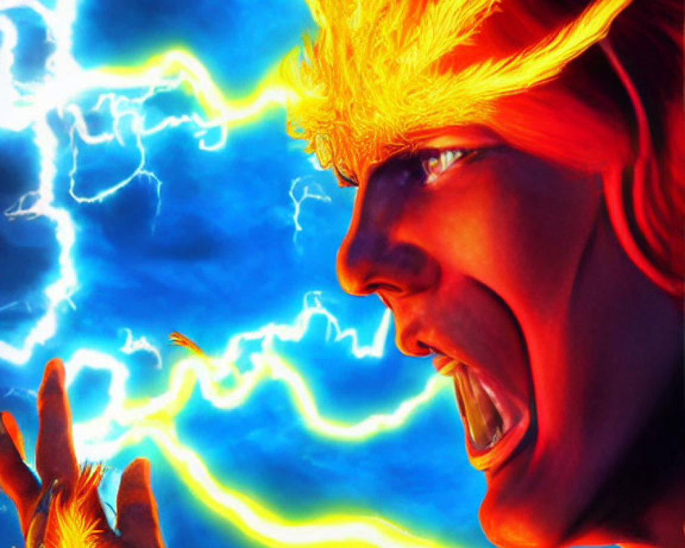 Illustration of person with fiery orange hair and energy against blue lightning background