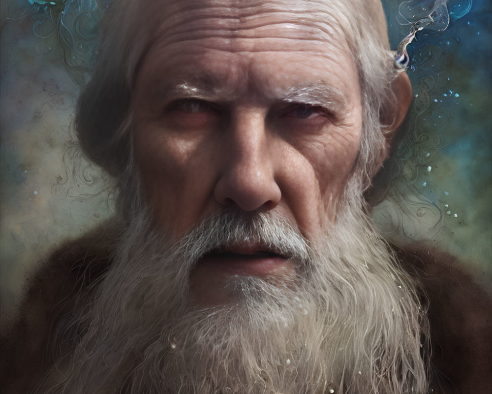 Elderly man with long white beard and mystical blue orbs