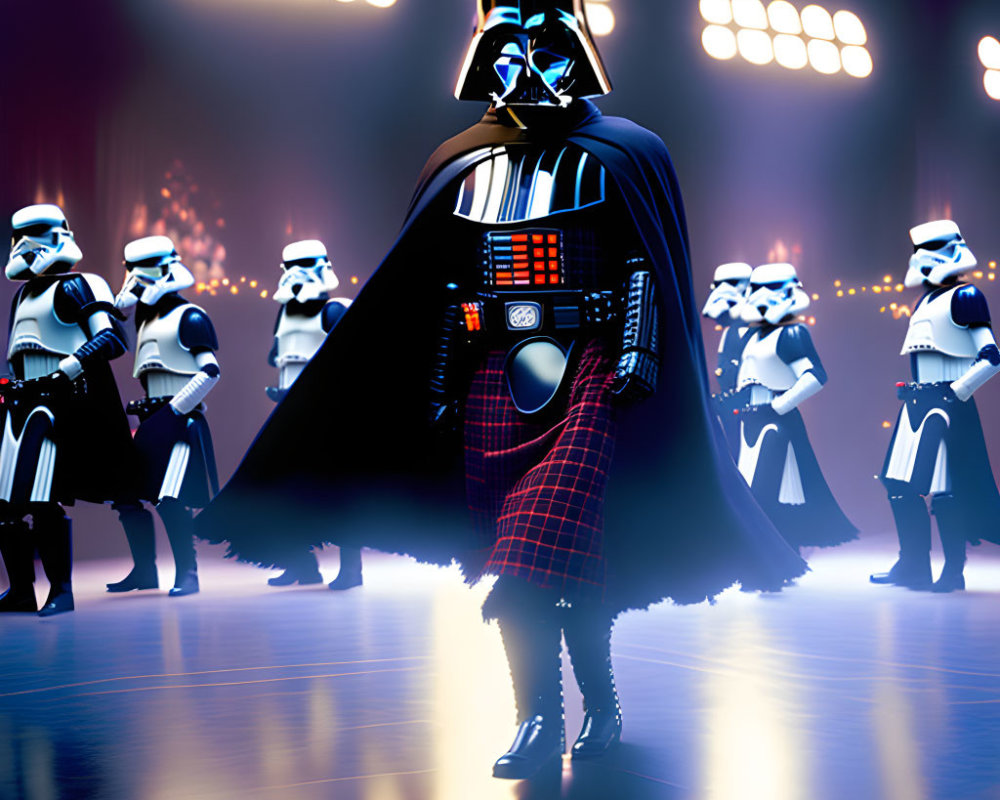 Character in Darth Vader costume with tartan kilt faces stormtroopers in dramatic lighting