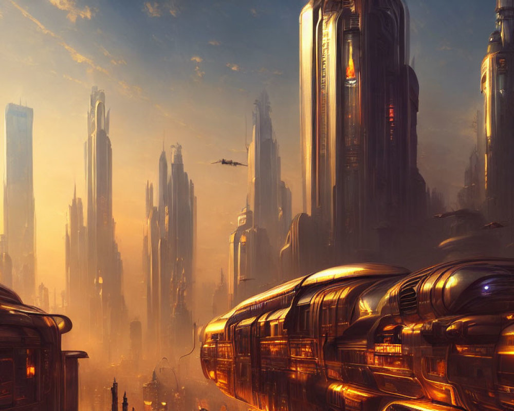 Futuristic sunset cityscape with skyscrapers and flying vehicles