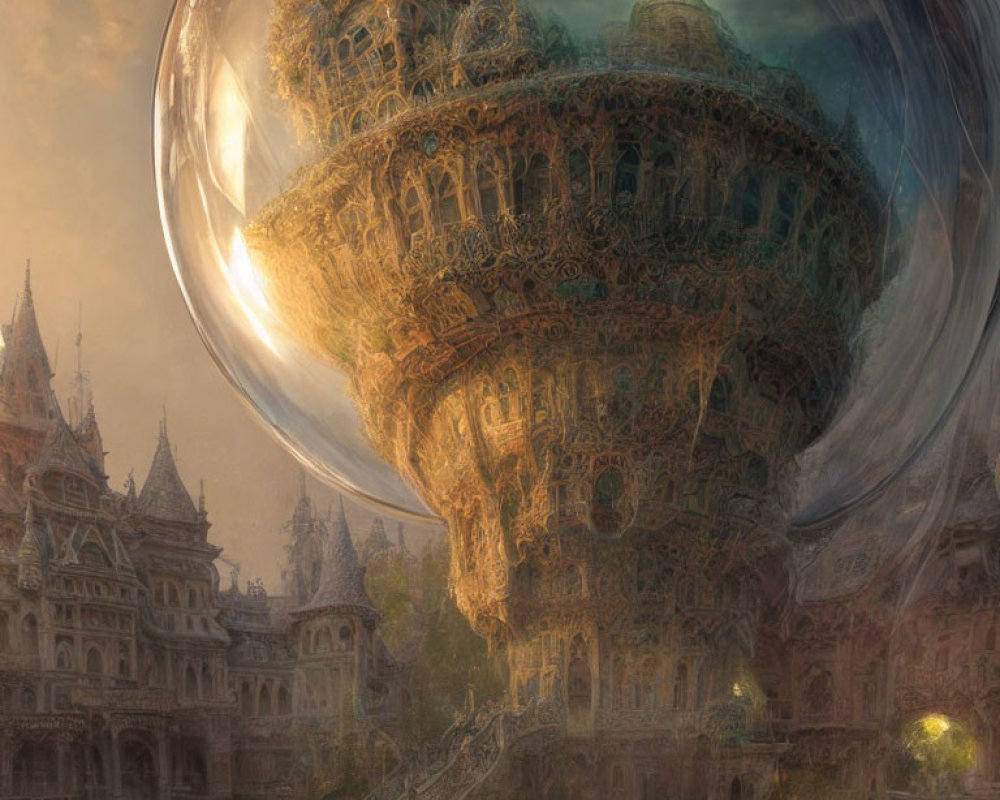 Intricate floating city in bubble above ancient townscape