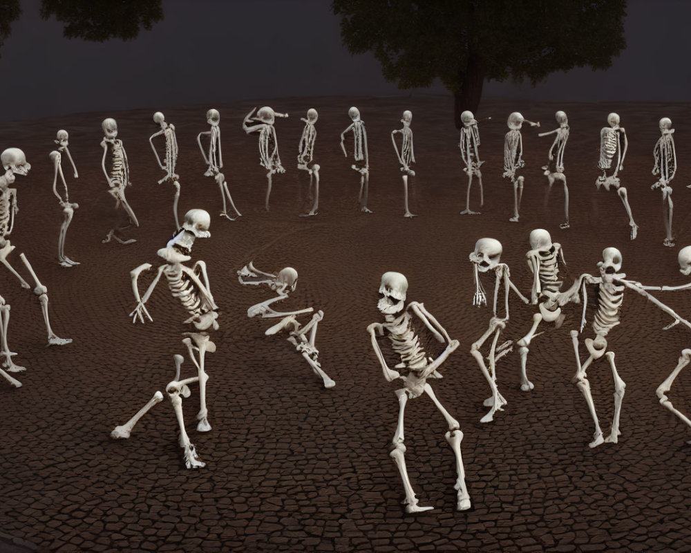 Group of Skeletons Posed on Cracked Ground