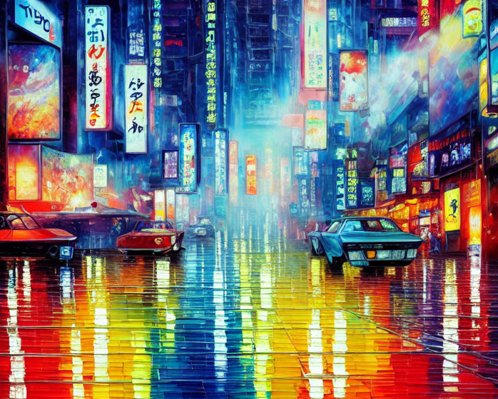 Futuristic cyberpunk cityscape with neon signs and rainy streets