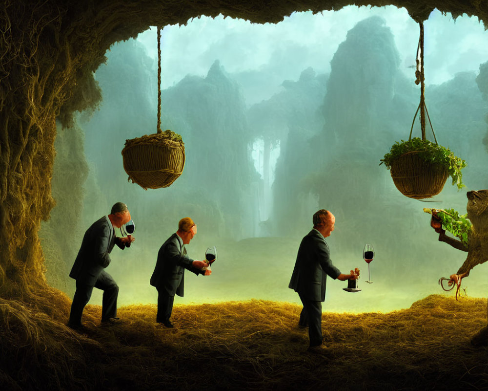 Surreal image of men in suits with animal heads in cave setting