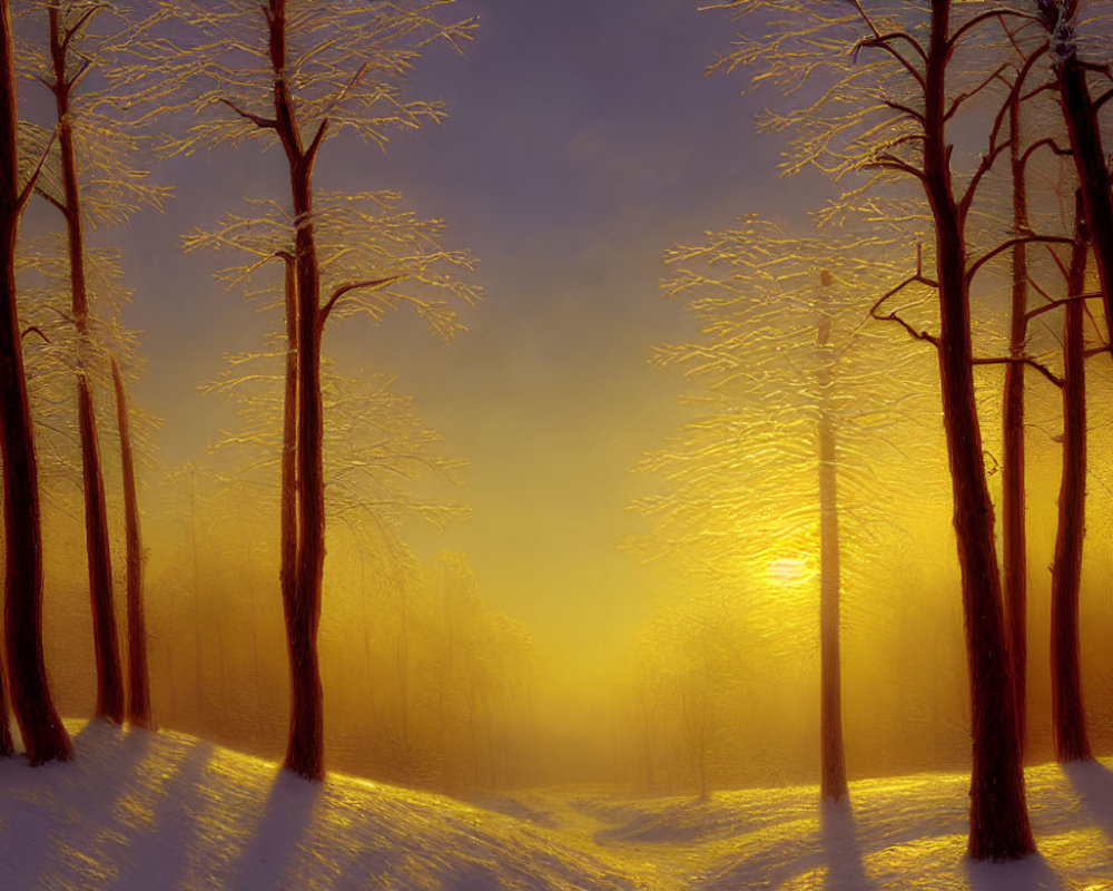 Snowy forest at sunrise with golden light and silhouetted trees