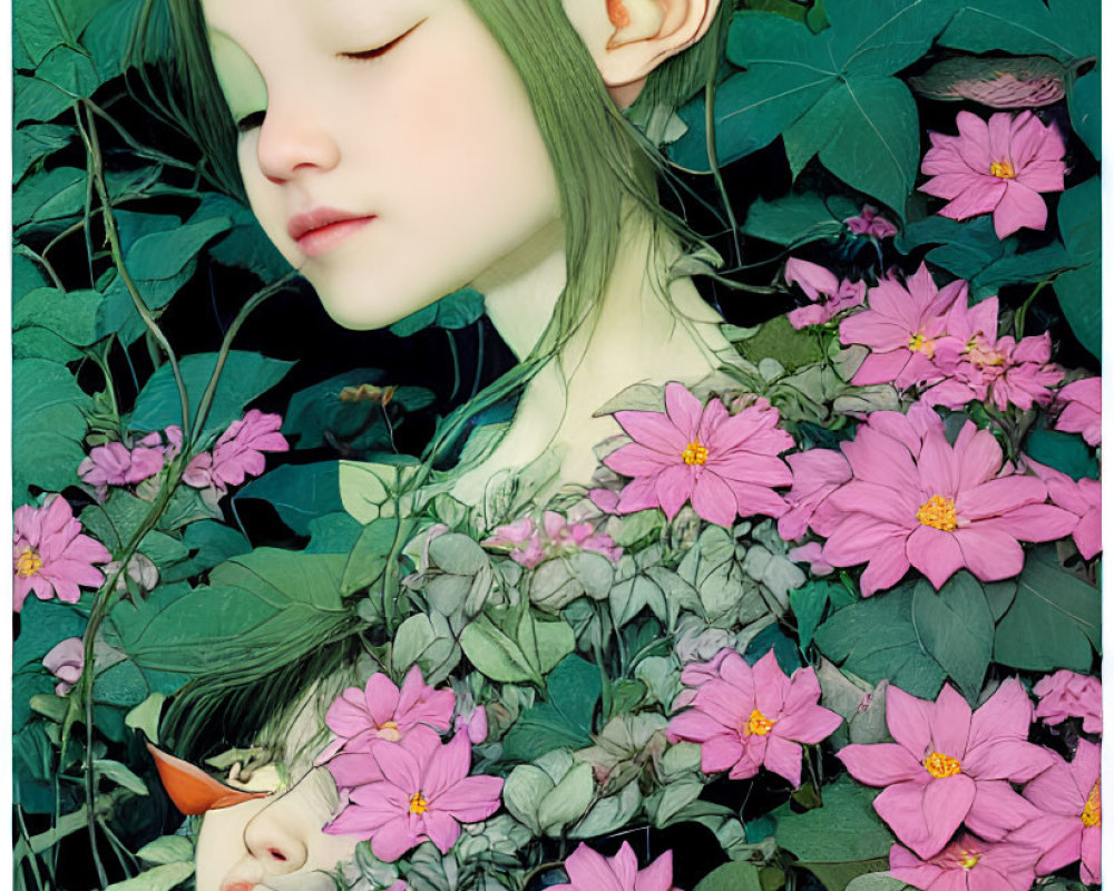 Green-haired elf-eared girl surrounded by lush green leaves and pink flowers