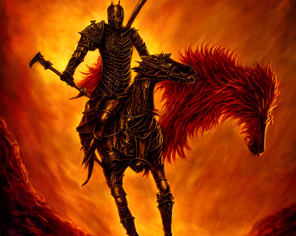 Armored knight on fiery horse with curved sword in red-orange backdrop