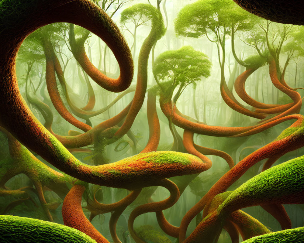 Twisted, Moss-Covered Trees in Lush Green Forest