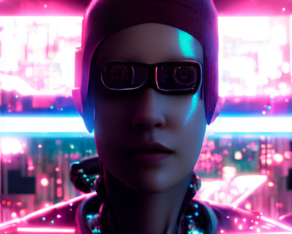 Cyberpunk-themed person with headpiece and glasses in neon lights