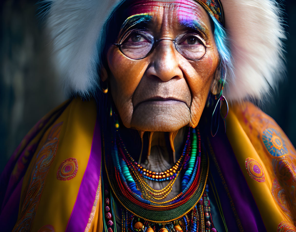 Colorful traditional costume on elderly person with feathered headpiece