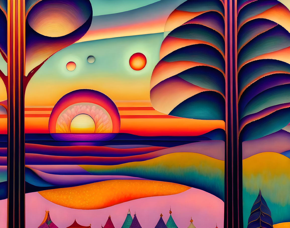 Colorful surreal landscape with layered hills and abstract trees under a stylized setting sun.