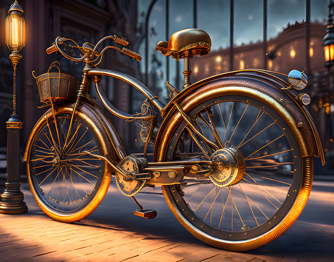 Vintage-style bicycle with basket on cobblestone street at twilight