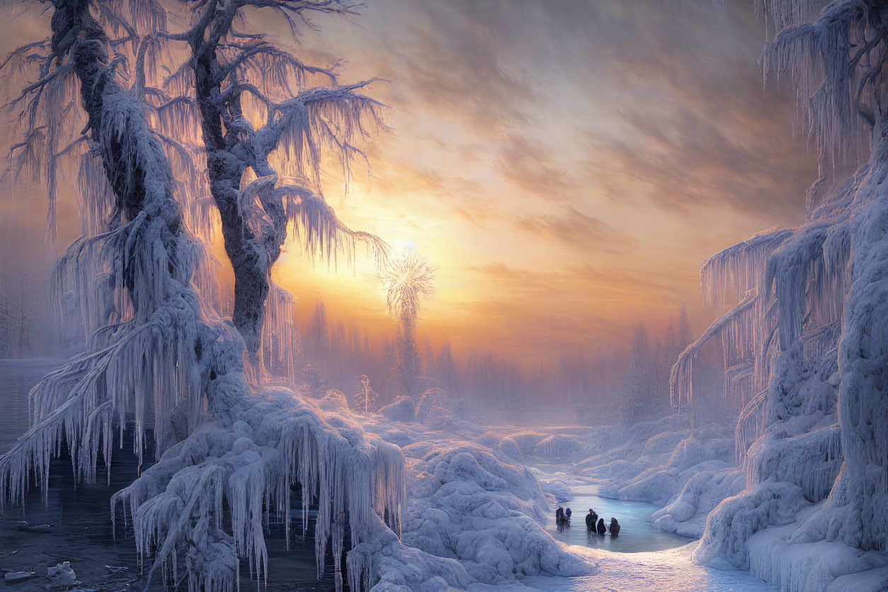 Frozen wintry landscape at sunrise with icy trees, frozen river, and distant silhouettes in warm