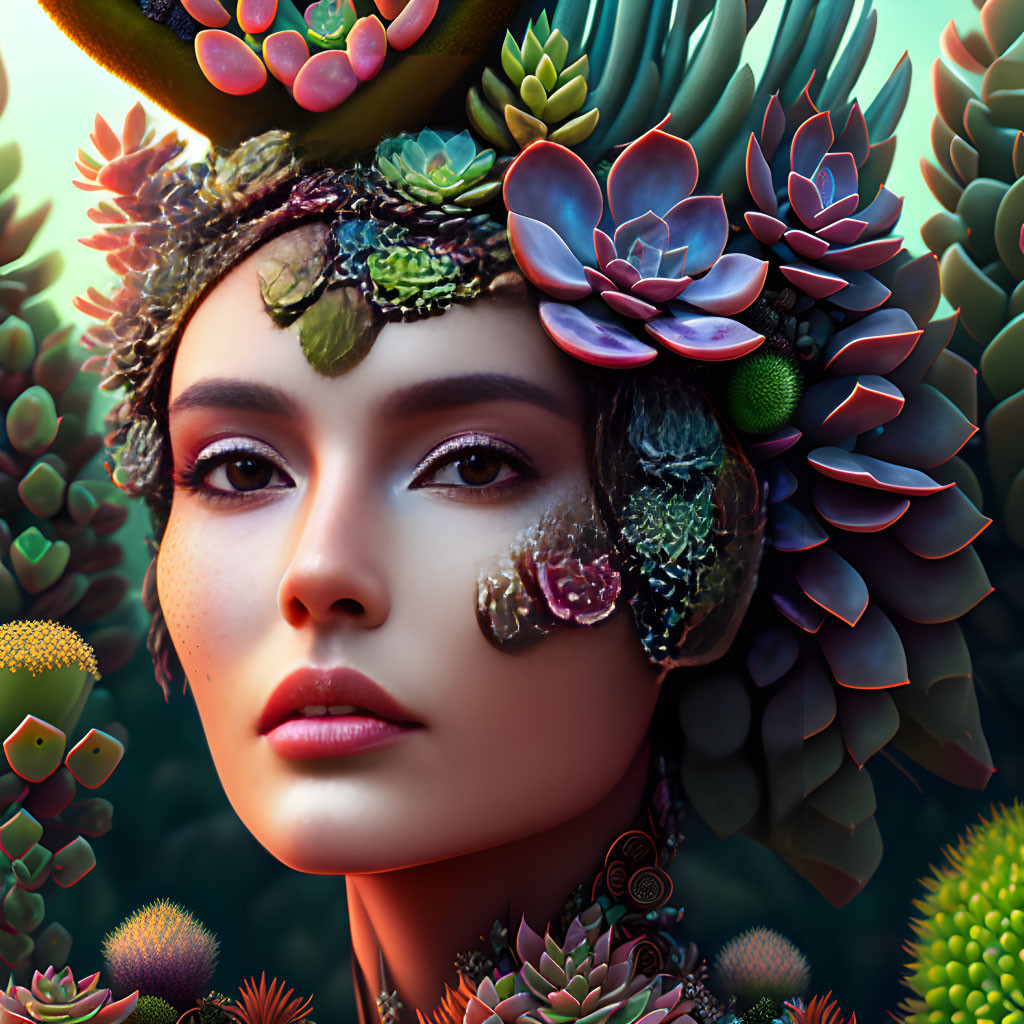 Digital artwork: Woman with succulent plants in lush greenery