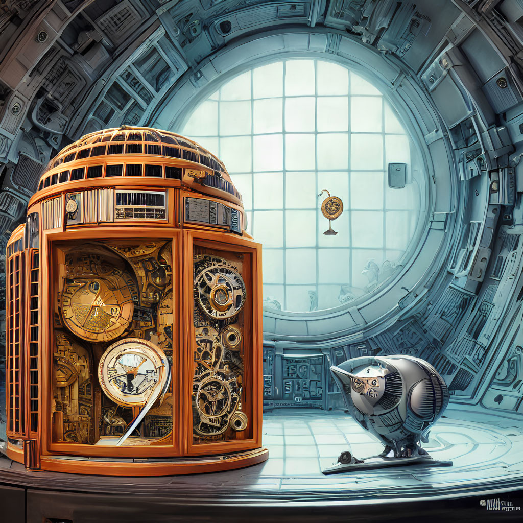 Futuristic room with steampunk owl and clockwork jukebox under illuminated window