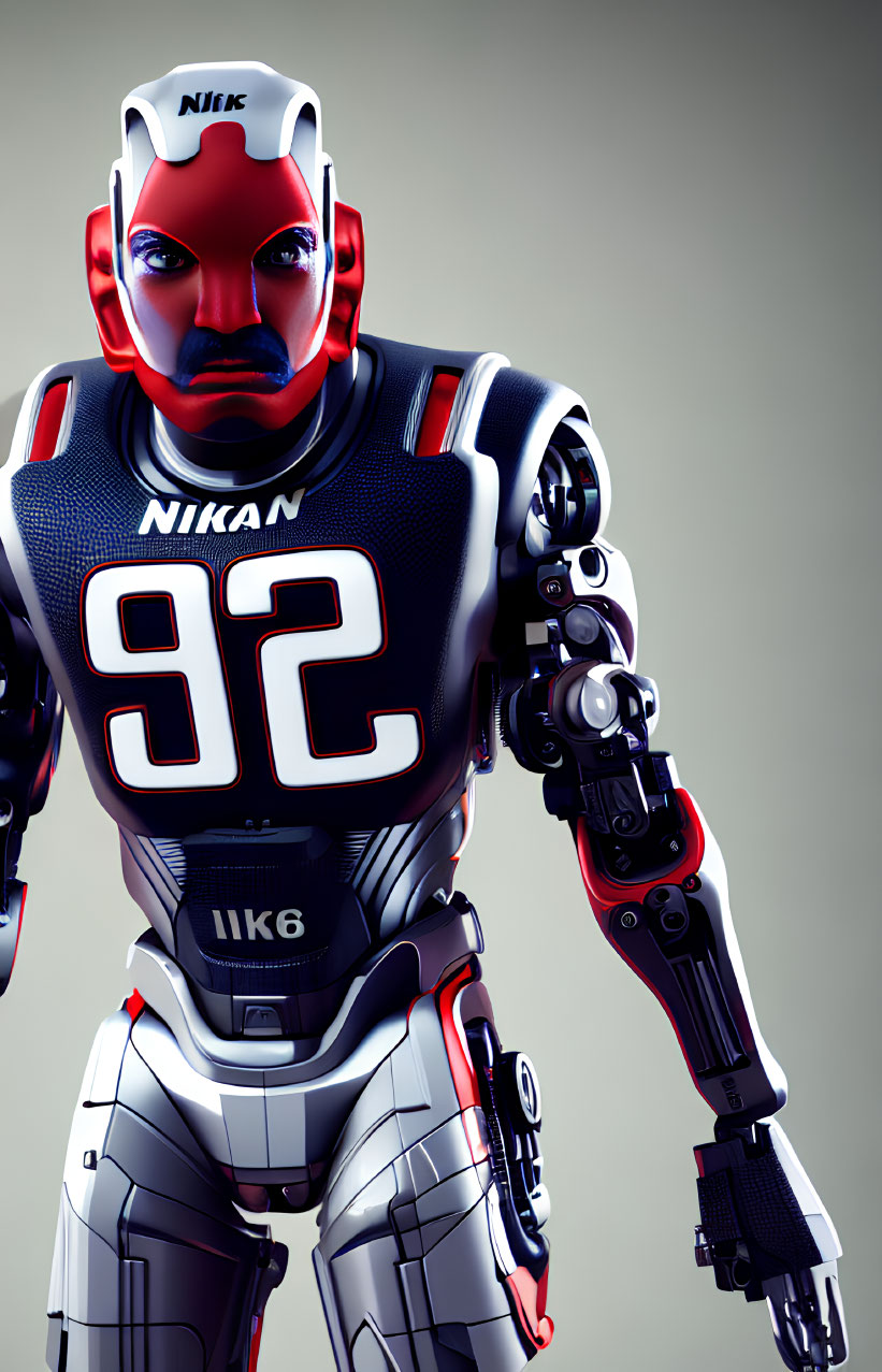 Futuristic robot with sports-themed design and red-accented mechanical limbs