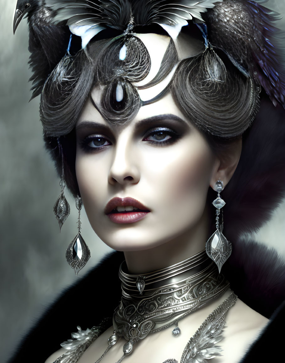 Elaborate feathered headdress and striking makeup on woman