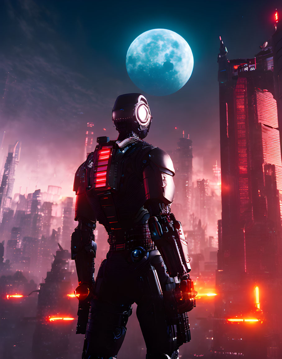 Futuristic cyborg admiring moon in neon-lit cityscape