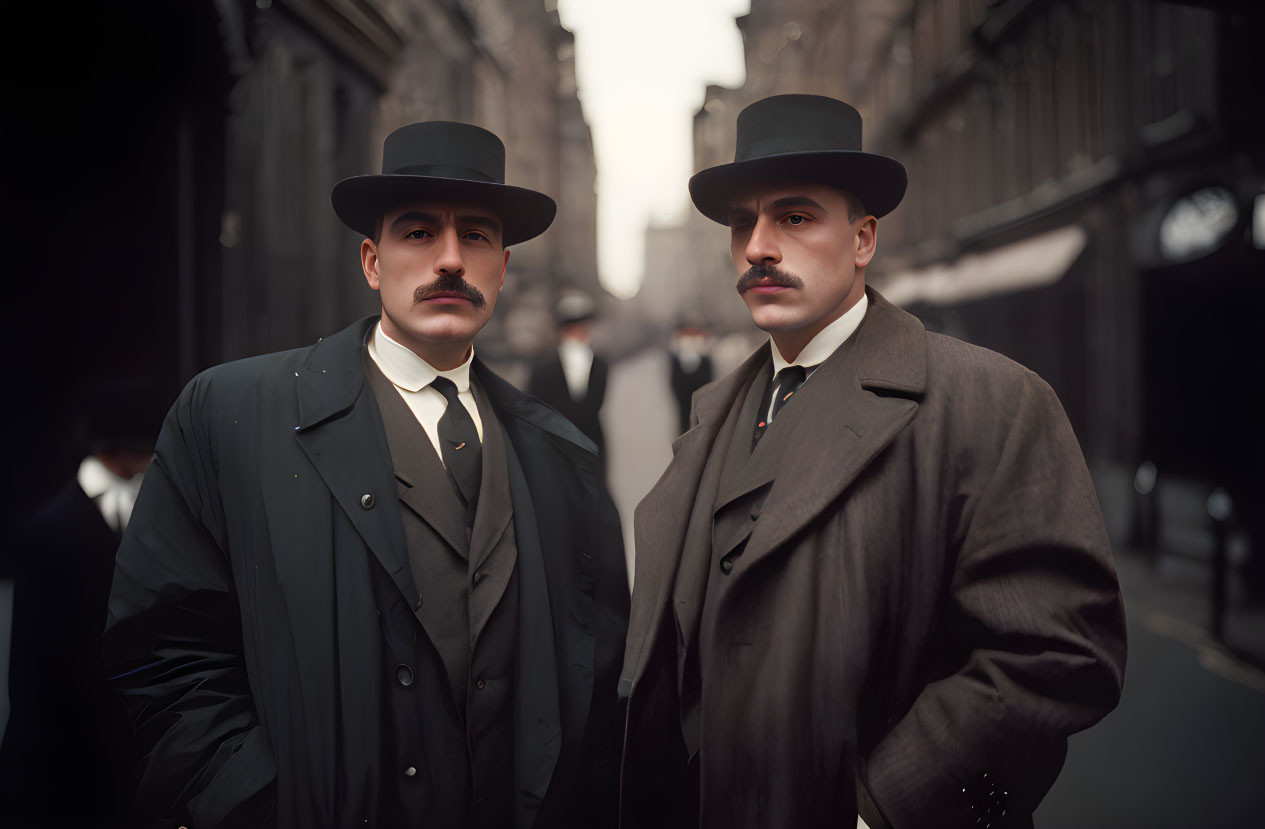 Vintage men in bowler hats and mustaches on gloomy street