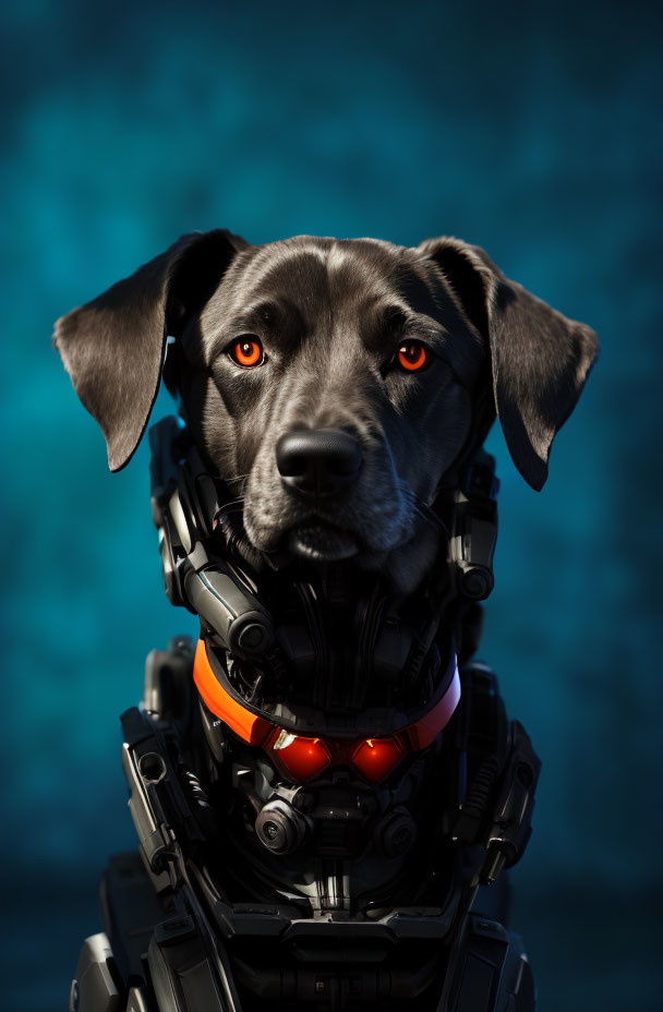 Black dog portrait with expressive eyes and robotic body on dark teal background