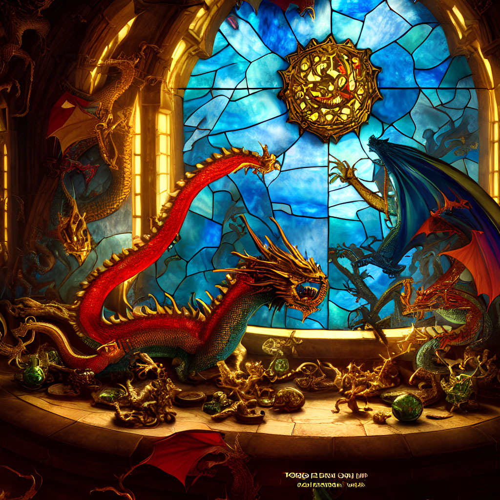 Dragon-themed artwork in Gothic cathedral with stained glass windows