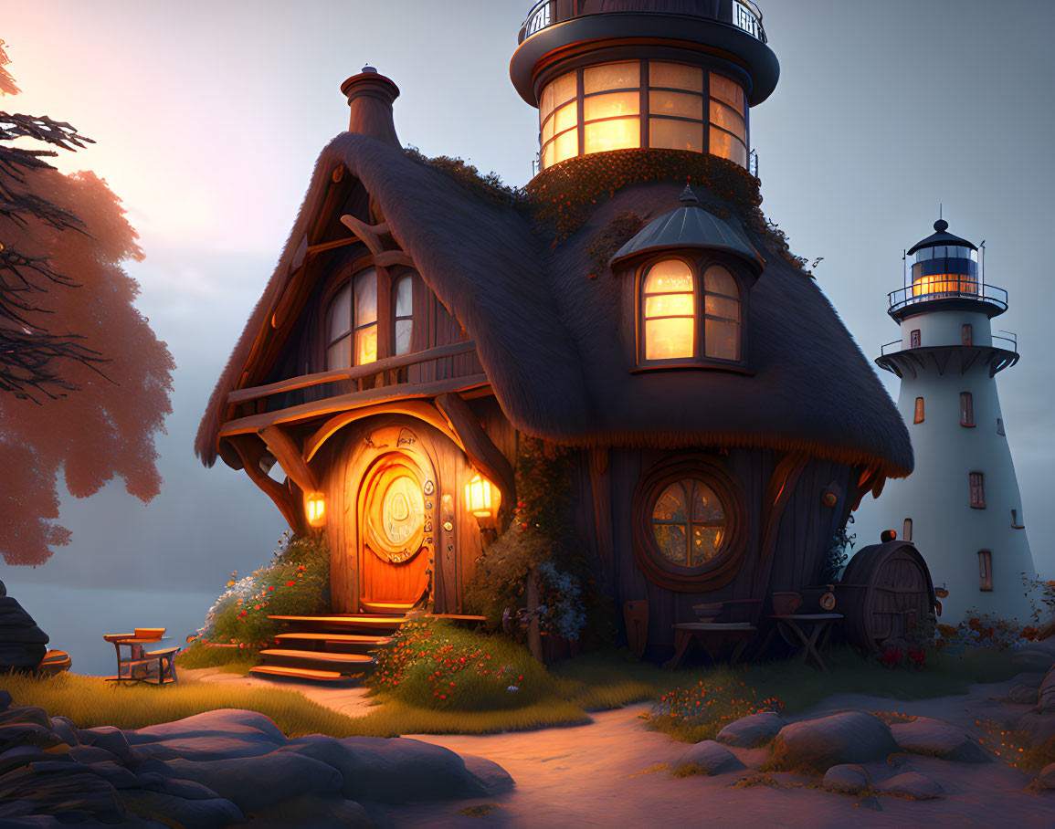 Whimsical cottage with face-like thatched roof near lighthouse at twilight