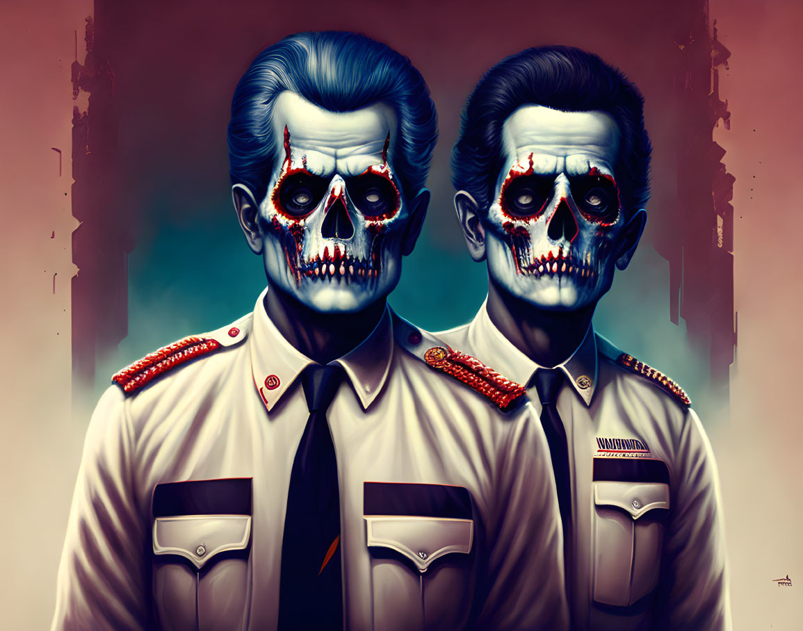 Stylized figures in skeletal face paint in military uniforms on red backdrop