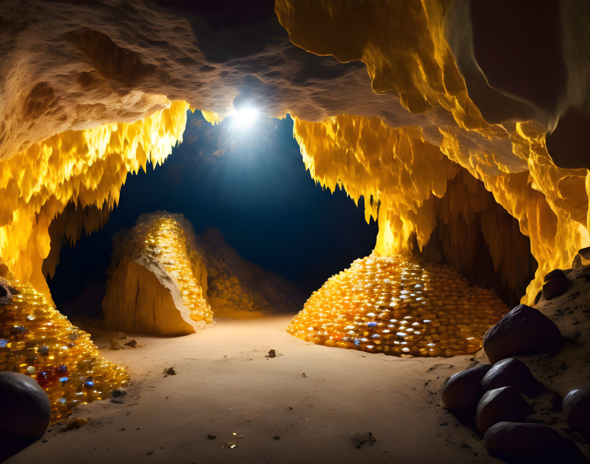 Natural cave with sunlight, stalactites, and gemstones