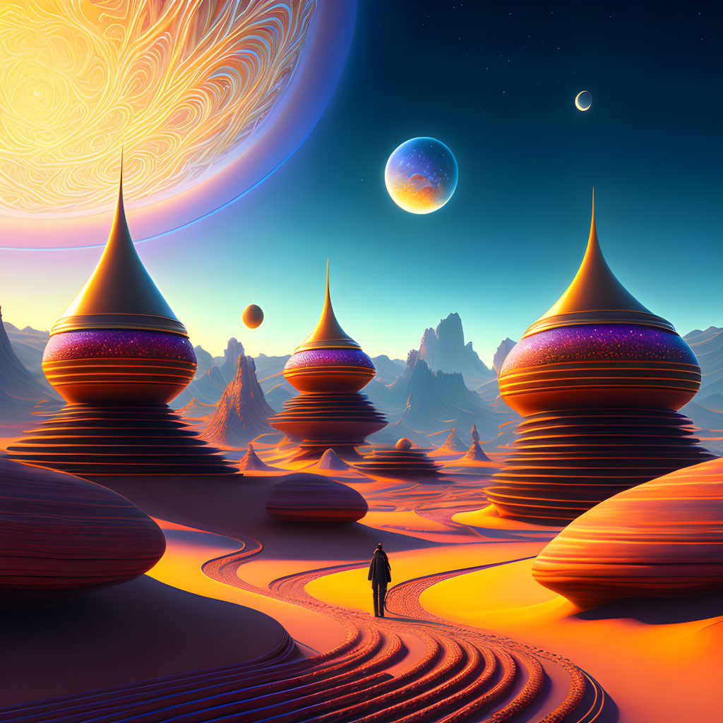 Person standing in surreal desert landscape with futuristic structures and celestial bodies