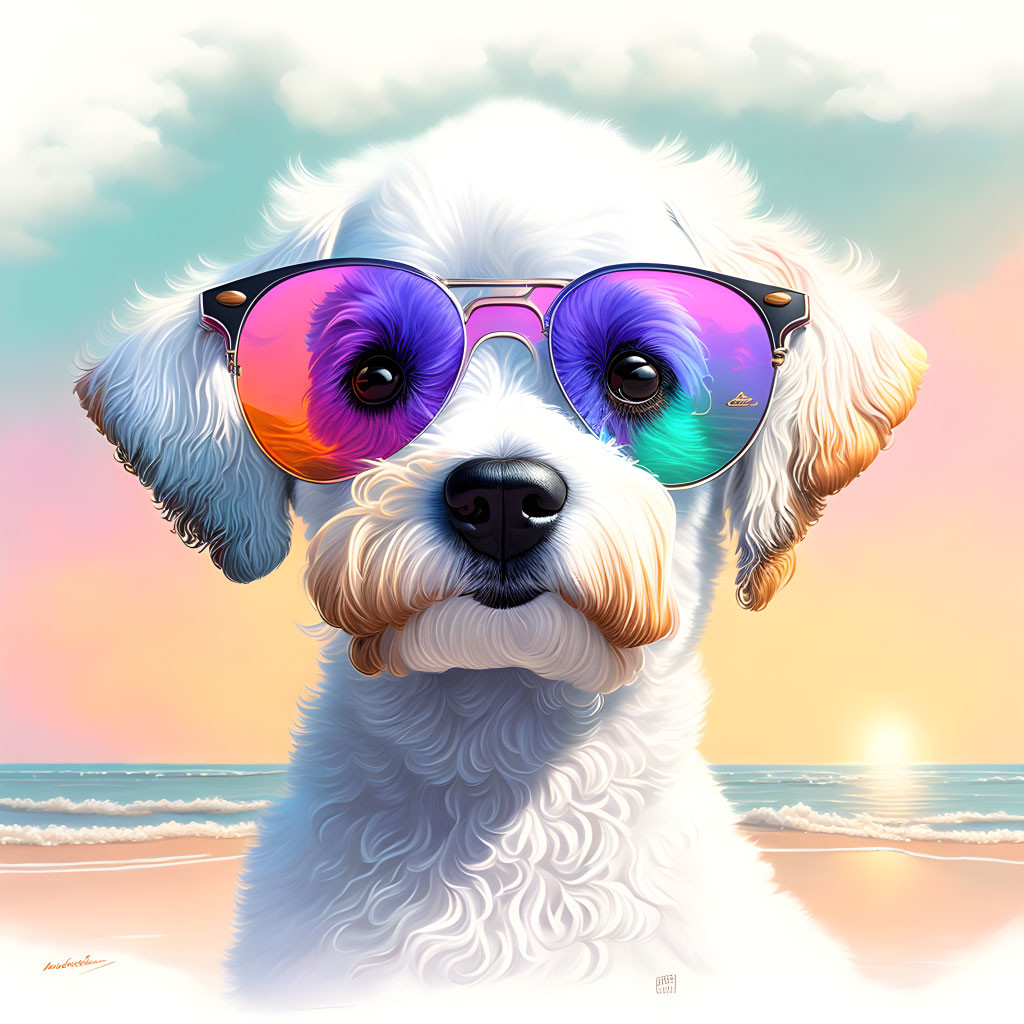 White Dog Wearing Colorful Sunglasses on Beach at Sunset