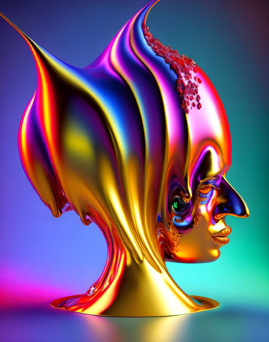 Colorful 3D surreal human profile with liquid-like skin and abstract shapes