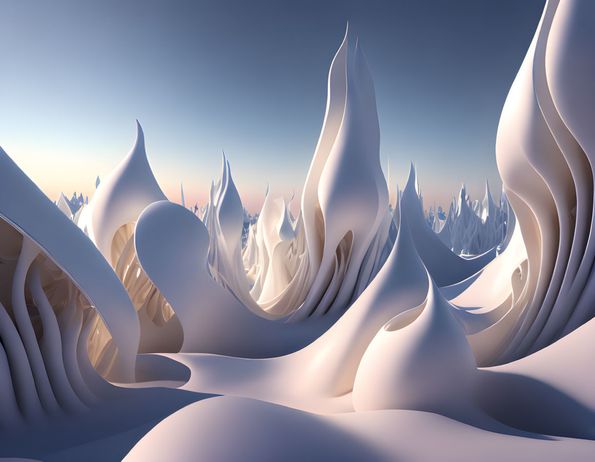 Surreal landscape: Smooth white spires and arches under clear blue sky