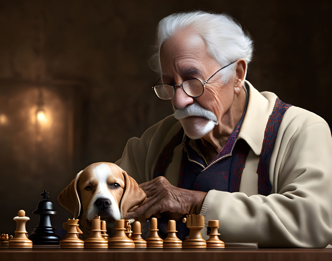 Elderly man playing chess with dog beside him