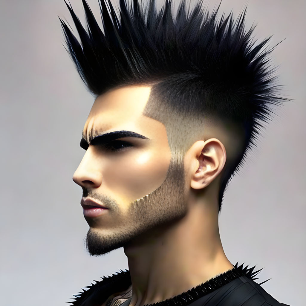 Stylized portrait of male figure with spiked mohawk and groomed beard