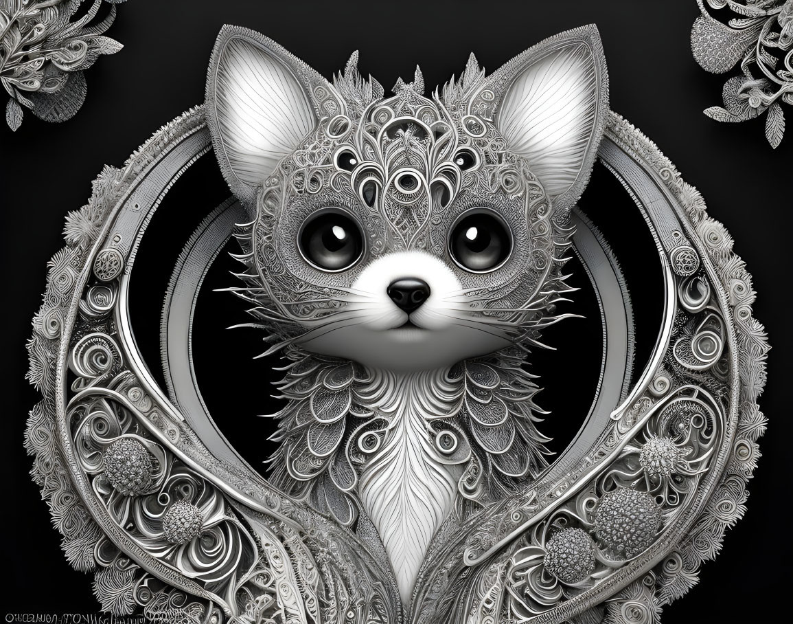 Monochromatic digital artwork of stylized cat with floral patterns