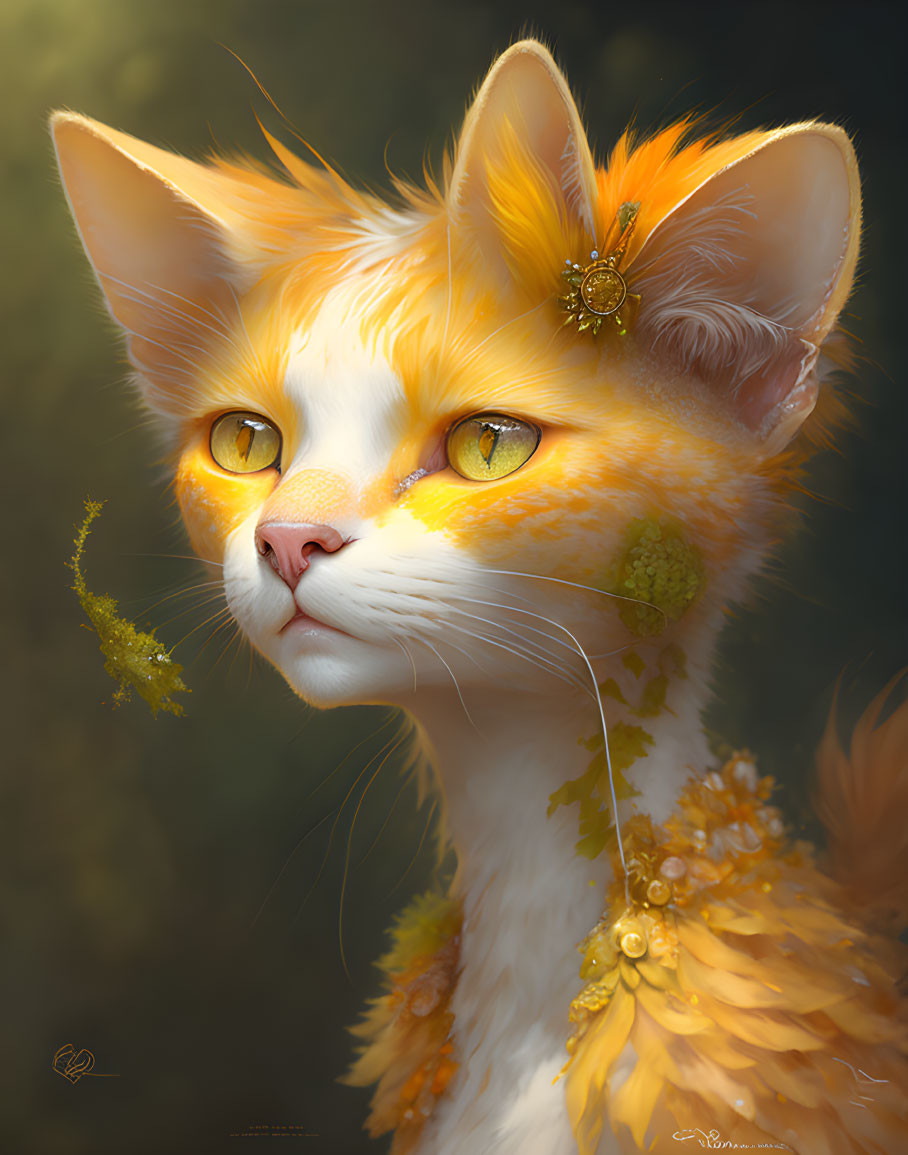 Detailed digital illustration of orange and white cat with expressive eyes and golden flower-like adornments