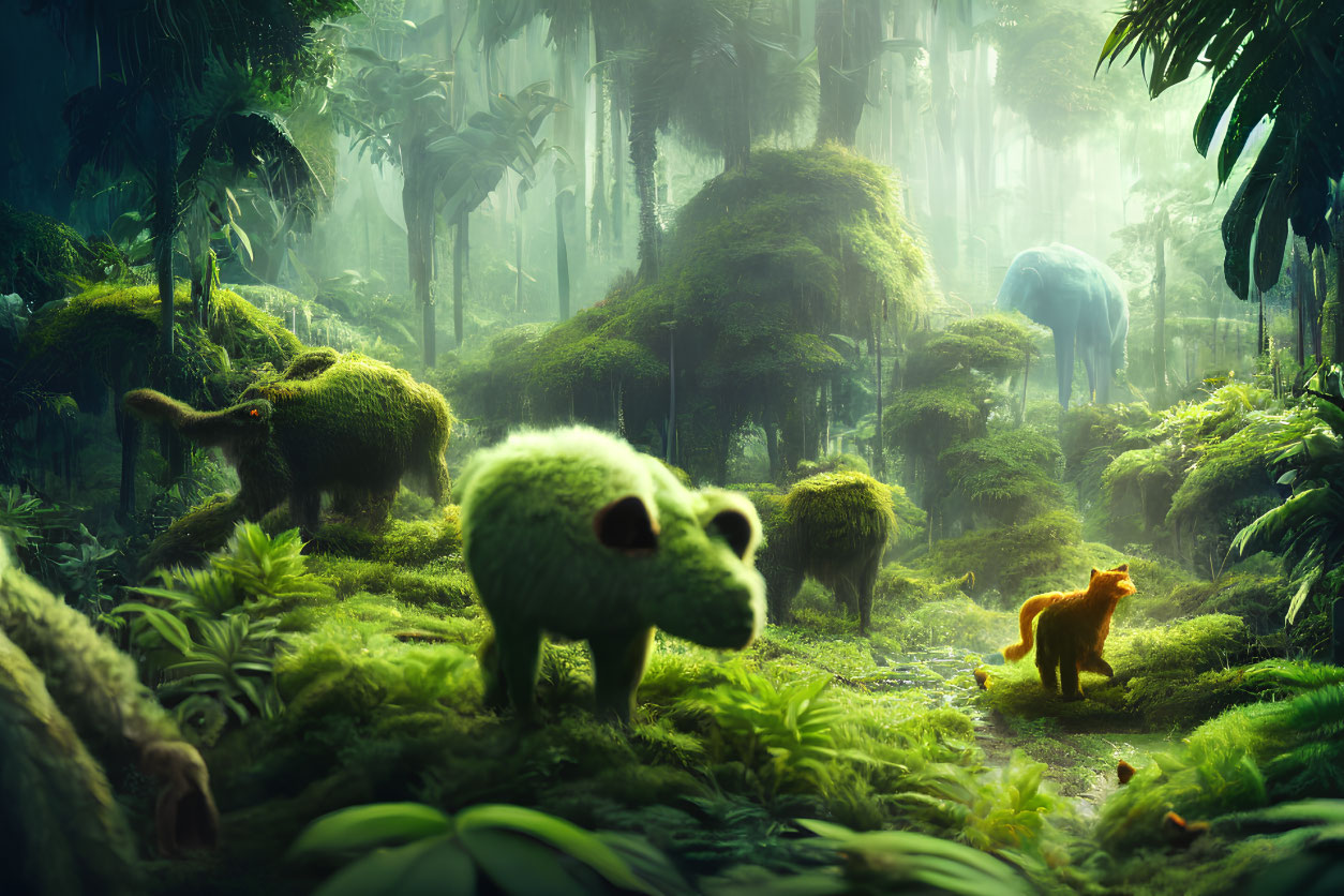 Enigmatic Forest Scene with Moss-Covered Creatures and Bear-Like Figure