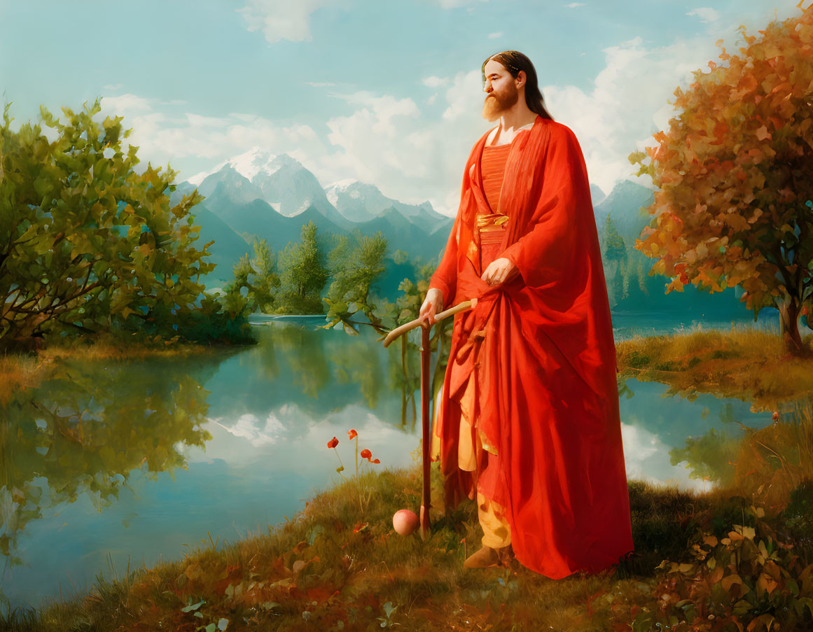 Tranquil lake scene with robed figure, mountains, and vibrant foliage