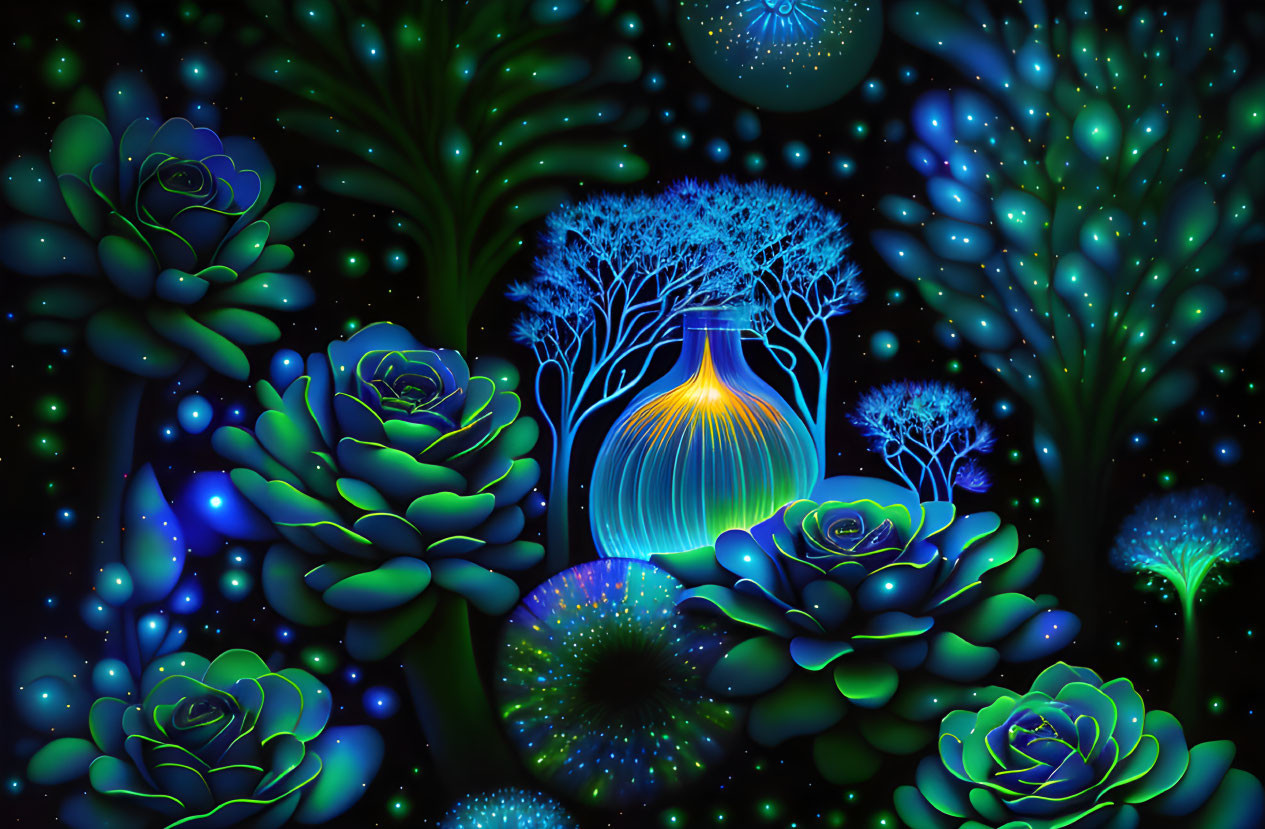 Neon-lit fantasy forest with glowing flowers and trees