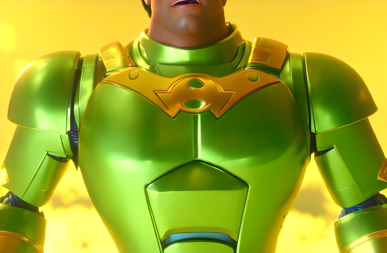 Animated superhero in green and gold armor suit on orange backdrop