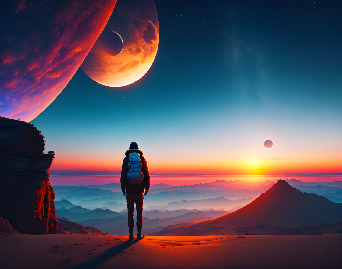 Explorer on Desert Terrain Views Alien Planet and Moon at Sunset