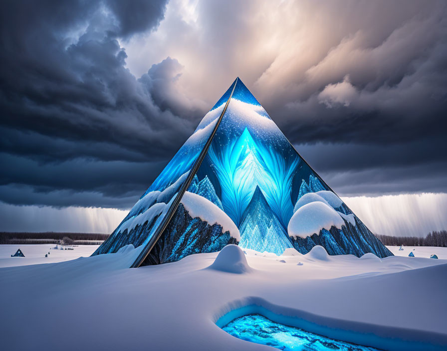 Futuristic triangular structure with blue panels in snow-covered landscape