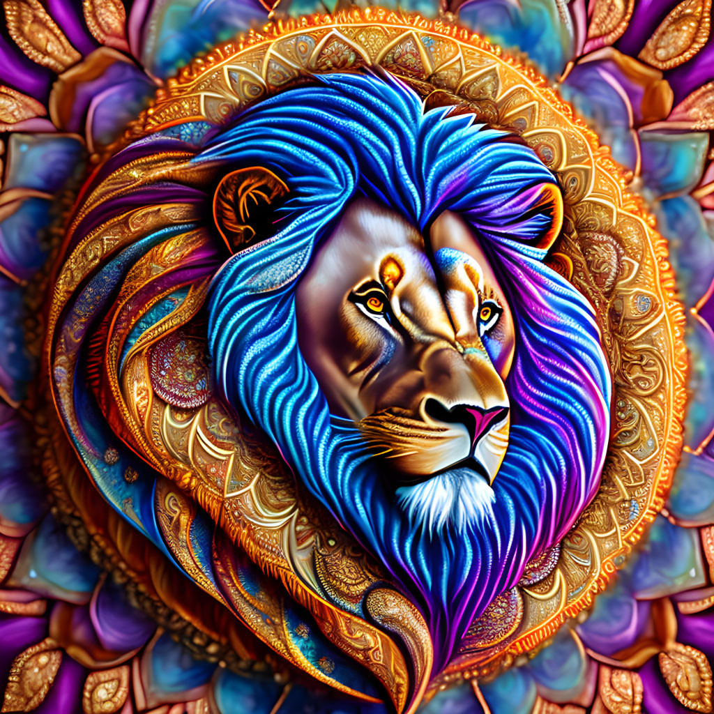 Vibrant digital artwork: Elaborate lion head with blue and gold mane against mandala background