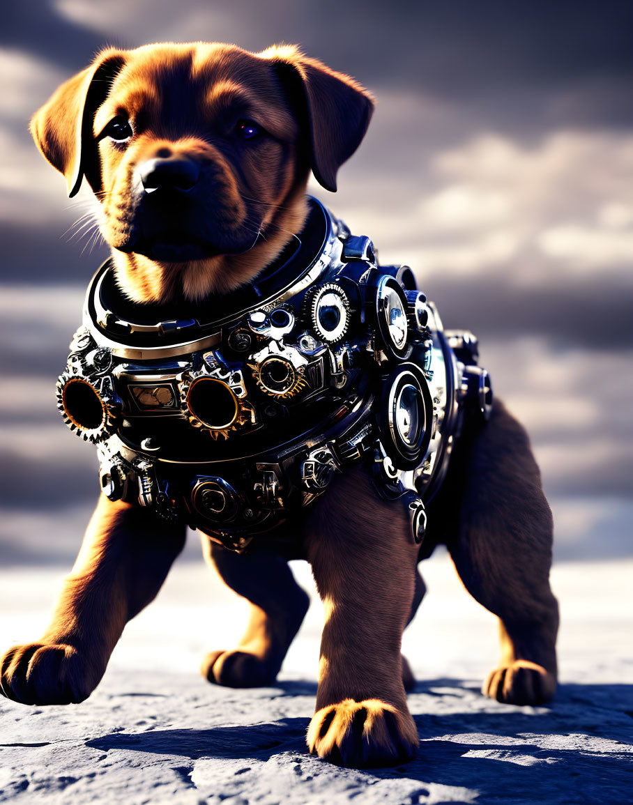 Cute puppy with mechanical body under dramatic sky